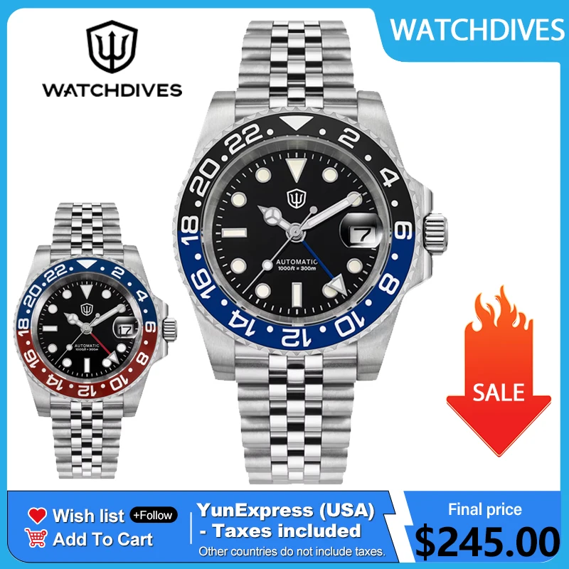 Watchdives WD16760 V2 GMT Watch NH34 Automatic Movement Sapphire Luminous Watches Stainless Steel 300m Waterproof Wristwatch