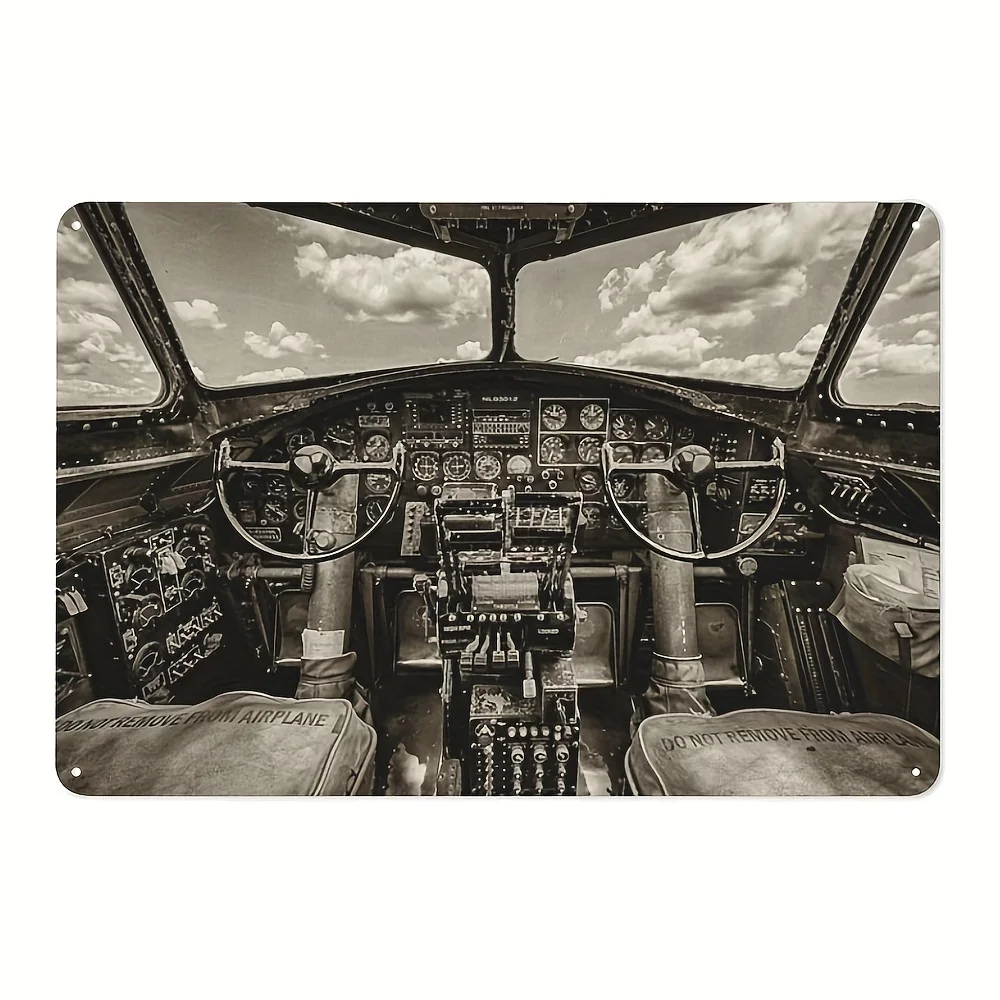 Vintage B-17 Fighter Cockpit Metal Wall Art, Black & White Aviation-Themed Decor, es - for Home, Bar, or Shop Display, Bar Wall
