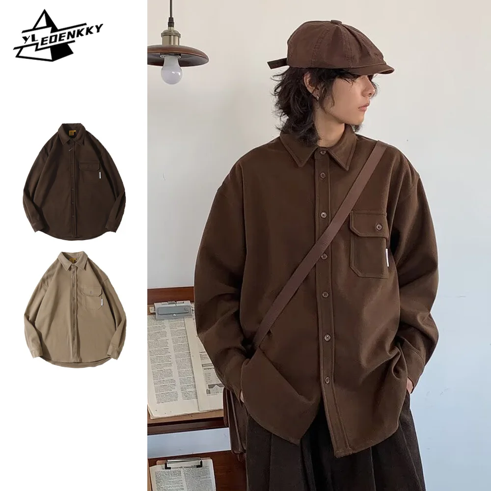 Vintage Cargo Shirt Men Women Japanese Loose Lapels and Long Sleeves Thickened Solid Color Casual Coat Harajuku Unisex Tops New