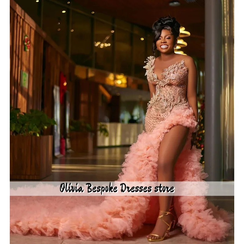 Pink Slit Ruffled Long Prom Dresses For Black Girls Pearls Women Birthday Party Dresses African Evening Gown Robe De Customized