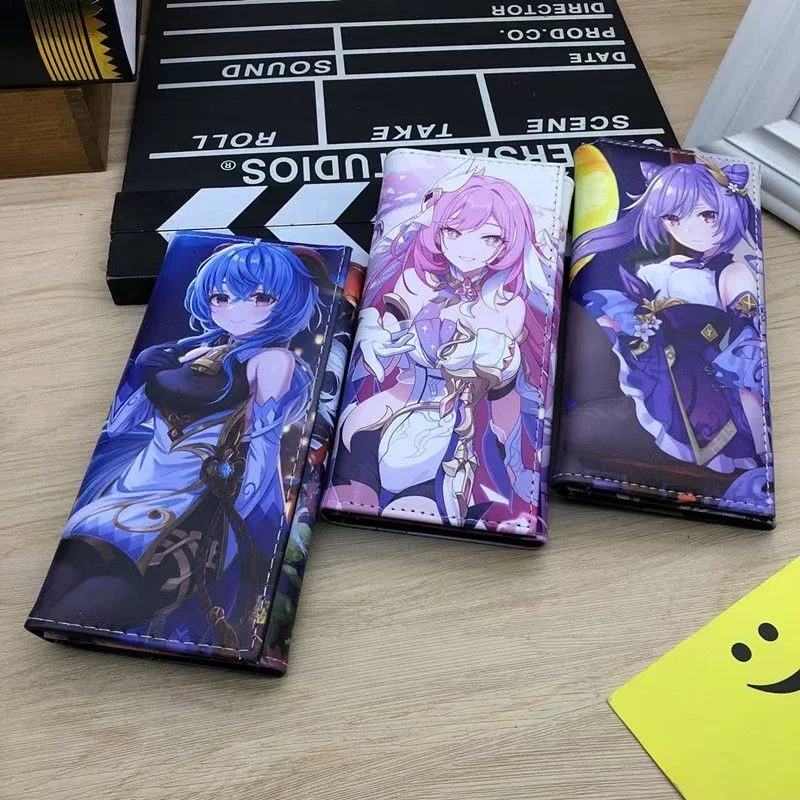 Genshin Impact Ganyu Long Wallet Cosplay PU Leather Purse Clutch Fischl Keqing Coin Bag Kids Fans Birthday Christmas Girls Gift