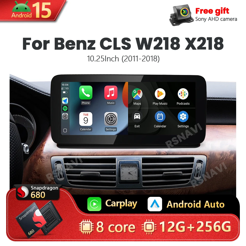 

Android 15, беспроводной CarPlay Auto для Benz CLS W218 X218 2011-2018, автомобильный радиоприемник, мультимедийные видеоплееры, Qualcomm Snapdragon 680