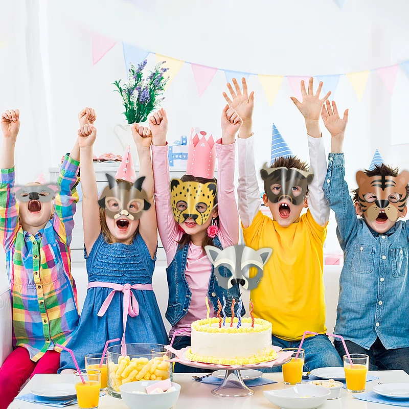 16pcs Kids Cartoon Animal Mask Jungle Tiger Monkey Puppy Cosplay Masks For Wild One Birthday Party Decor Halloween Costume Props