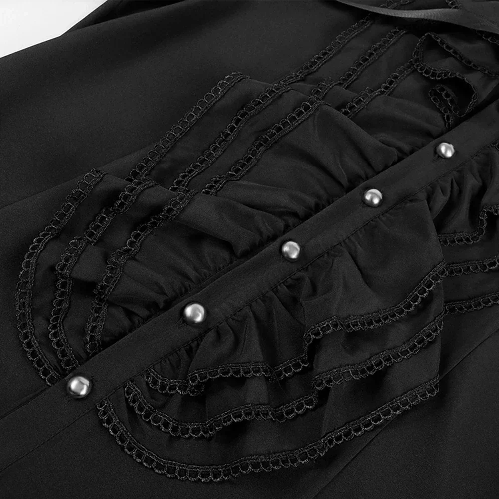 Fashion Retro Men\'s Gothic Shirts And Blouses Victorian Medieval Ruffle Pirate Puff Sleeve Solid Black Tops Shirt Man Clothing