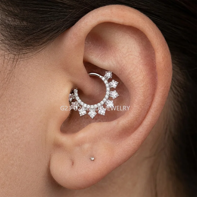 ASTM F-136 Titanium EAR Nose Ring PIERC CZ Surround Segment Ring  Hoop Face Hinged Clicker Labret Ear wheel Cartilage Piercing