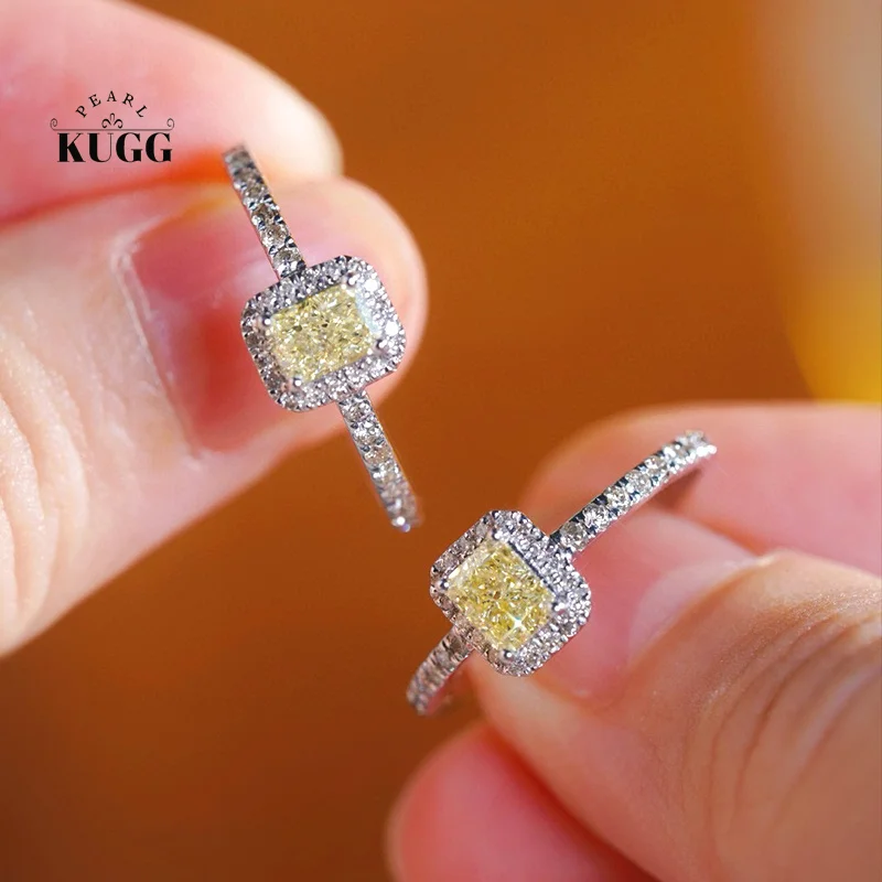 KUGG 100% 18K White Gold Rings Classic Shiny Design Real Natural Yellow Diamond Engagement Ring for Women High Party Jewelry