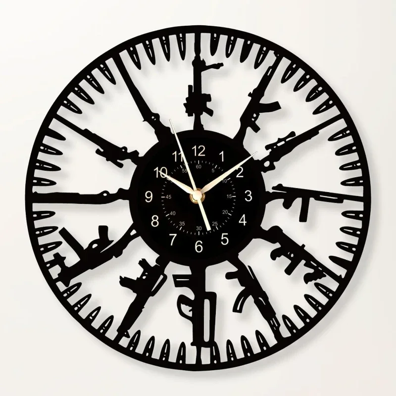 Machine Gun Vinyl Record Wall Clock Firearms Art Home Theme Clock Living Room Children's Room Game Room Wall Decoration Watch