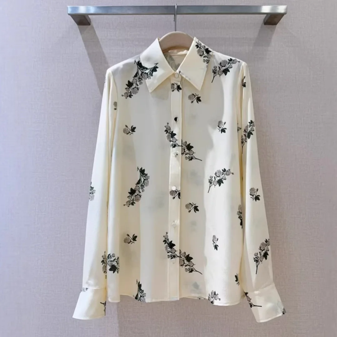 Women's Black Floral Print Satin Button-Down Shirt