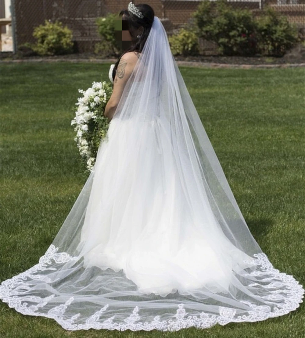 Velo de novia de tul suave de encaje de lentejuelas ostentosas, 3M de largo, Blanco/Marfil, con peine, una capa, accesorios de boda