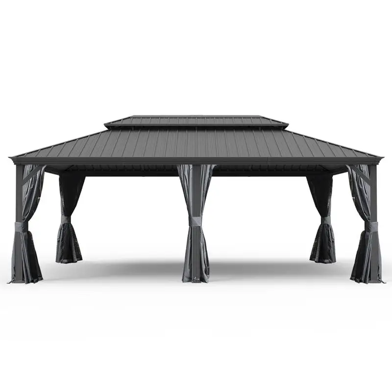 

14x24 Hardtop Gazebo with Upgraded Metal Frame and Drainage System, Dual-Layer Galvanized Steel Roof, Includes Curtains and