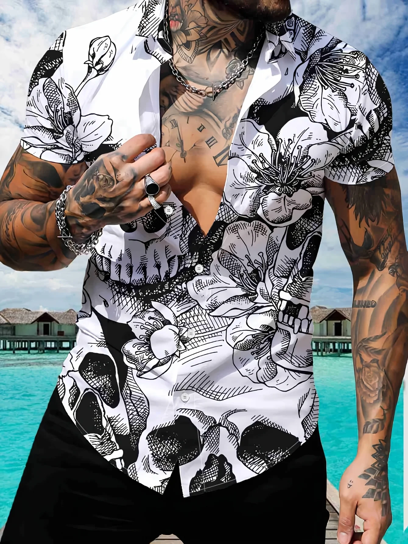 2026 Summer Men's Shirt with Skull Pattern Breathable and Lightweight Casual Roller Skating Hip-Hop Men's Clothing