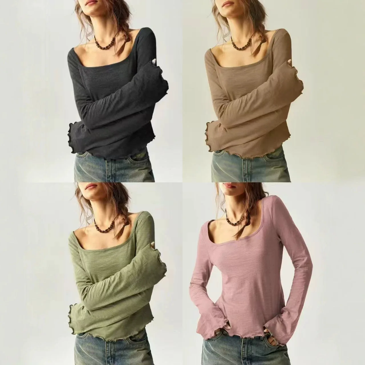 Women's Solid Color Long Sleeve Top Square Neck Ruffle Edge Comfortable Trendy Elegant Commute Casual Daily Wear Slim Fit Blouse