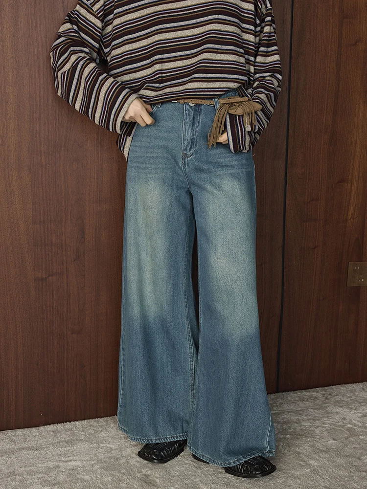 FANAN Vintage Gewaschene Jeans Für Frauen Hohe Taille Gerade Breite Bein Denim Hosen Büro Dame Lose Hosen Mode Winter Neue
