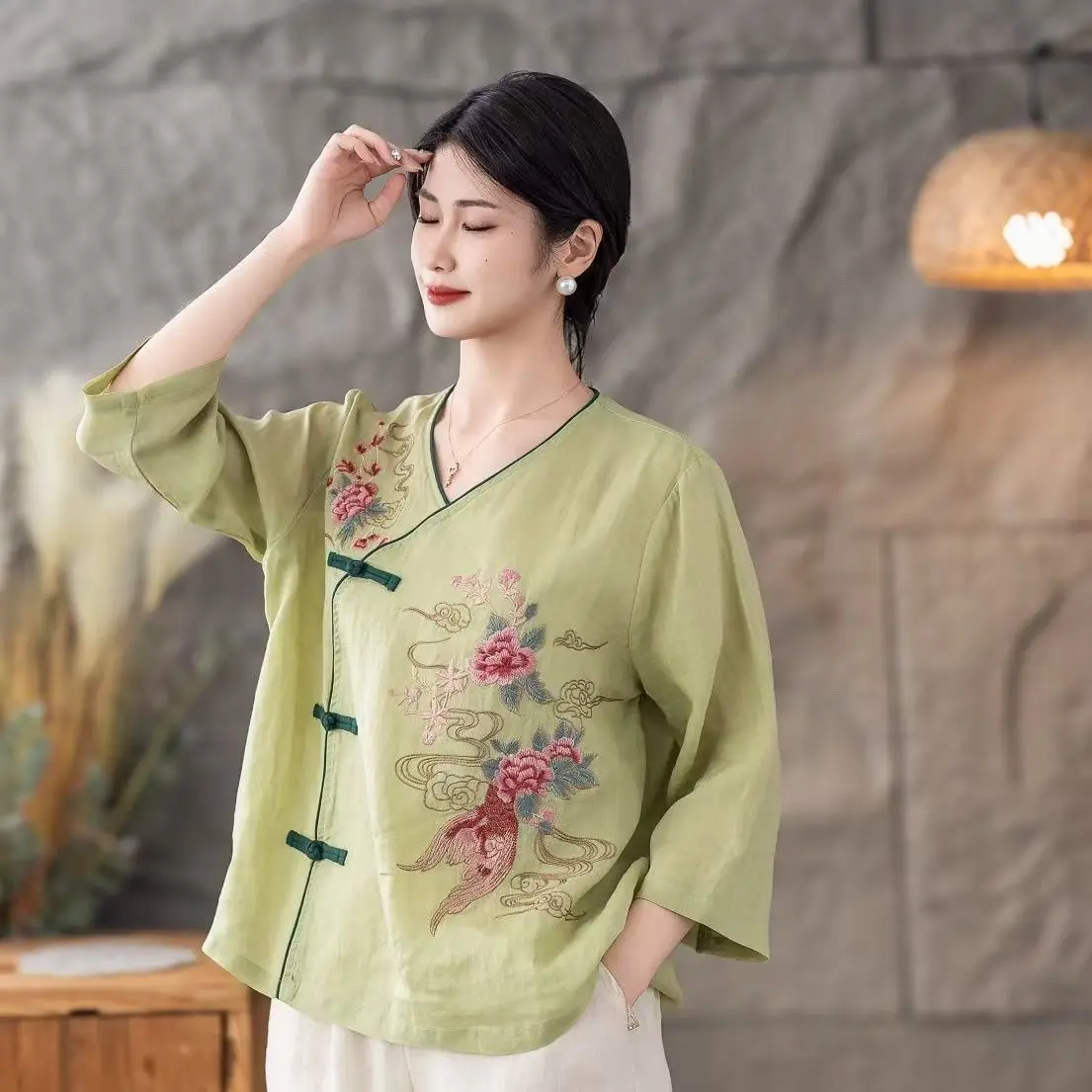Women's 2026 New Chinese Style Vintage Cotton Linen Shirt, Spring Summer V-Neck Frog Button Top, Embroidery Tea Blouse