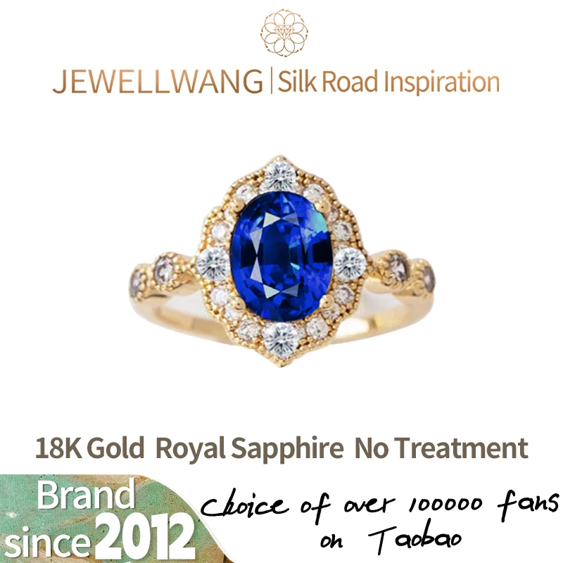 

JEWELLWANG 18K Yellow Gold 1.0 Ct Lab Grown Royal Sapphire and Diamond Surround for Womens Wedding Band Synthetic Gemstone Ring