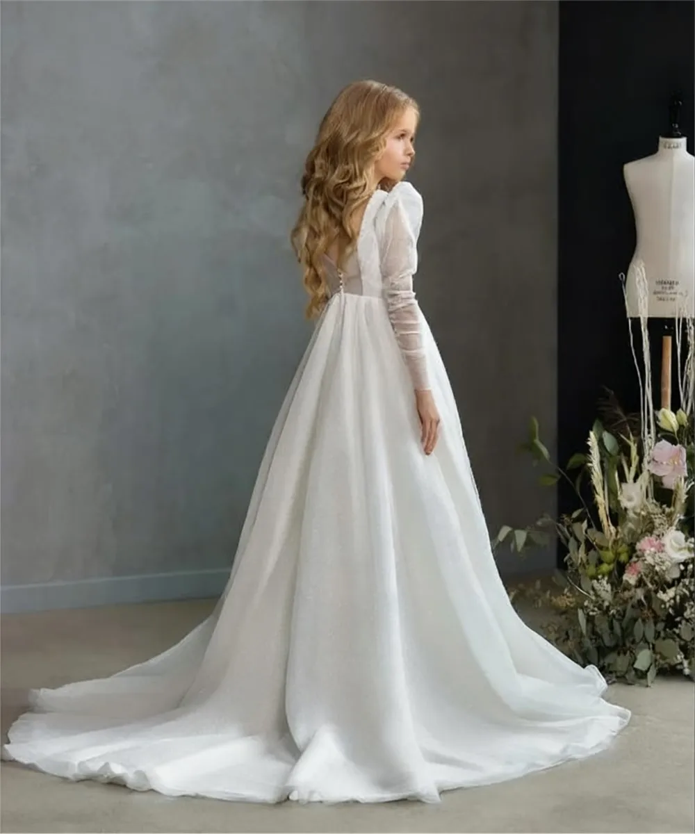 Customized Elegant Flower Girl Wedding Dress Pearls Long Sleeve Princess Birthday Party Dress Kids Party First Communion Gown