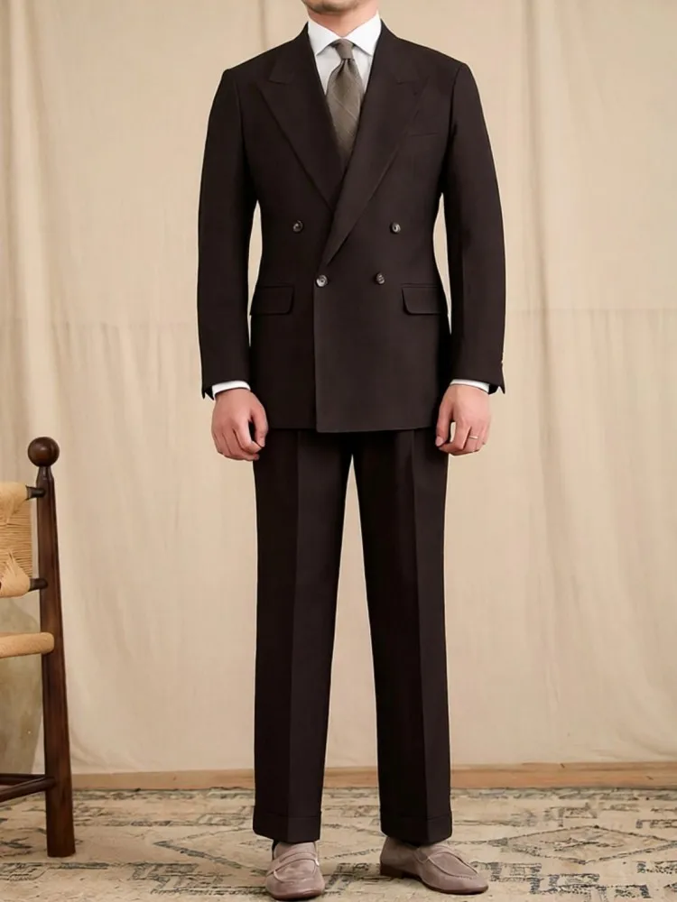 Gentleman Autumn Suits Sets Business Casual Double Breasted Blazers Straight Pants Office Men Retro Style Elegant Two Piece Set