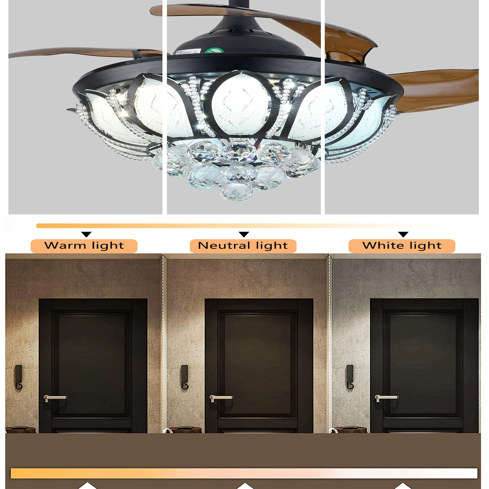 42" 56W Retractable Invisible Ceiling Fan Crystal Light Modern LED Chandelier Remote  LED