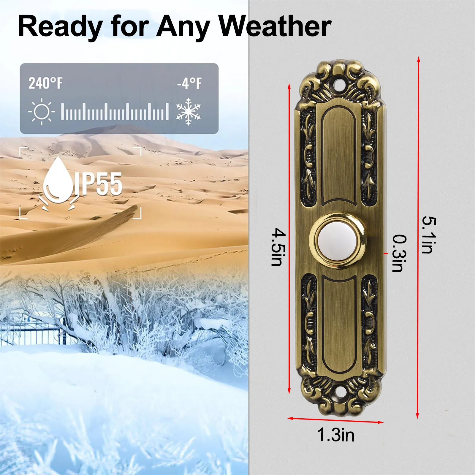 Easy Installation LED Doorbell Button Antique Bronze Doorbell 24-hour Visibility LED Light Solid Metal Material