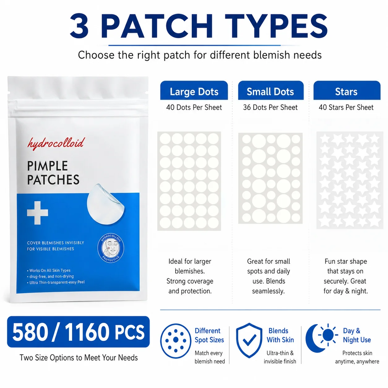 580/1160 Patchs Hydrocolloïdes pour Boutons - Invisibles, Couvre-Boutons Ultra-Fins, Protection Contre l'Acné Jour et Nuit