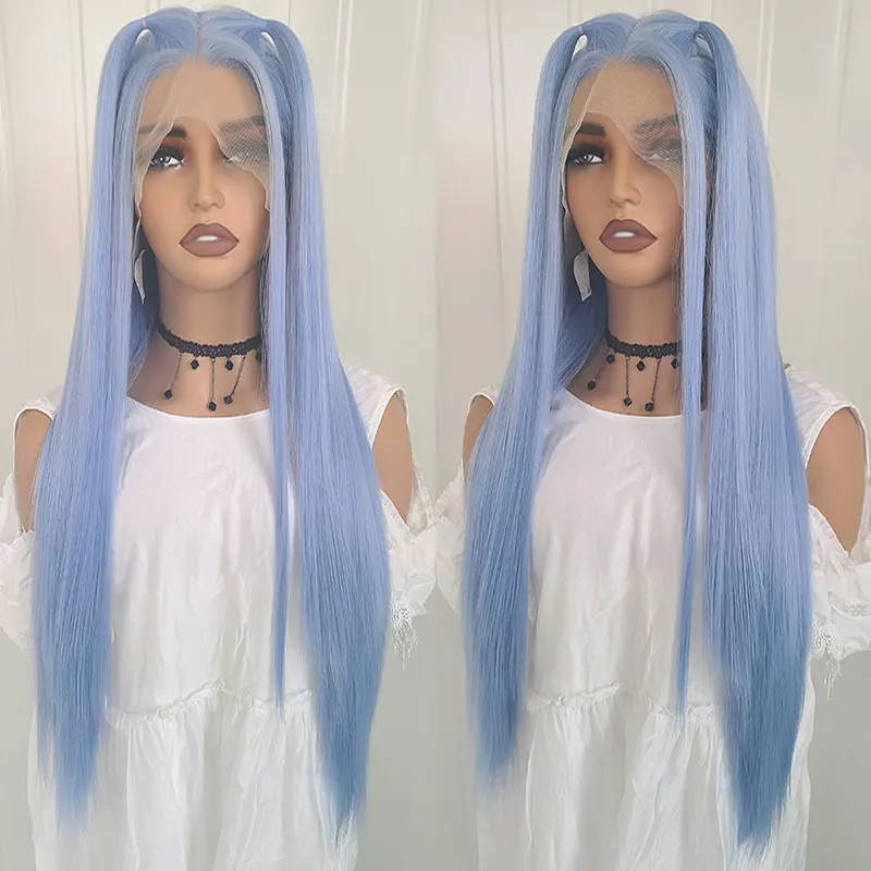 Wig rambut lurus biru muda sintetis 13x4 Wig renda depan kualitas tinggi serat tahan panas garis rambut alami untuk Cosplay wanita