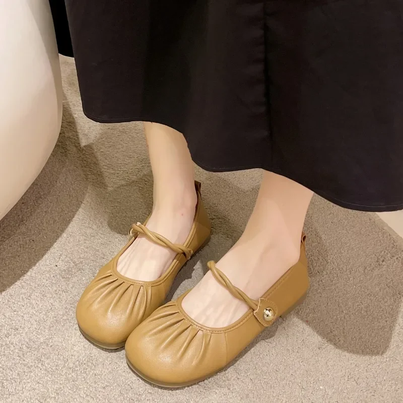 Retro Soft Leatherette Mary Jane Shoes Woman Concise Round Toe Pleated Design Ballet Flats Ladies Vintage Comfy Loafers