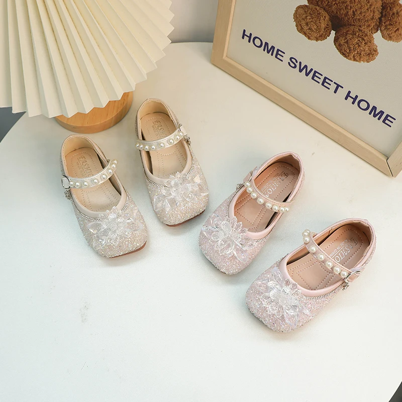 Girls Rhinestone Lace Patent Leather Shoes Child Flat Princess Shoes Fashion Kids Baby Soft Sole Casual Shoe Size 23-34