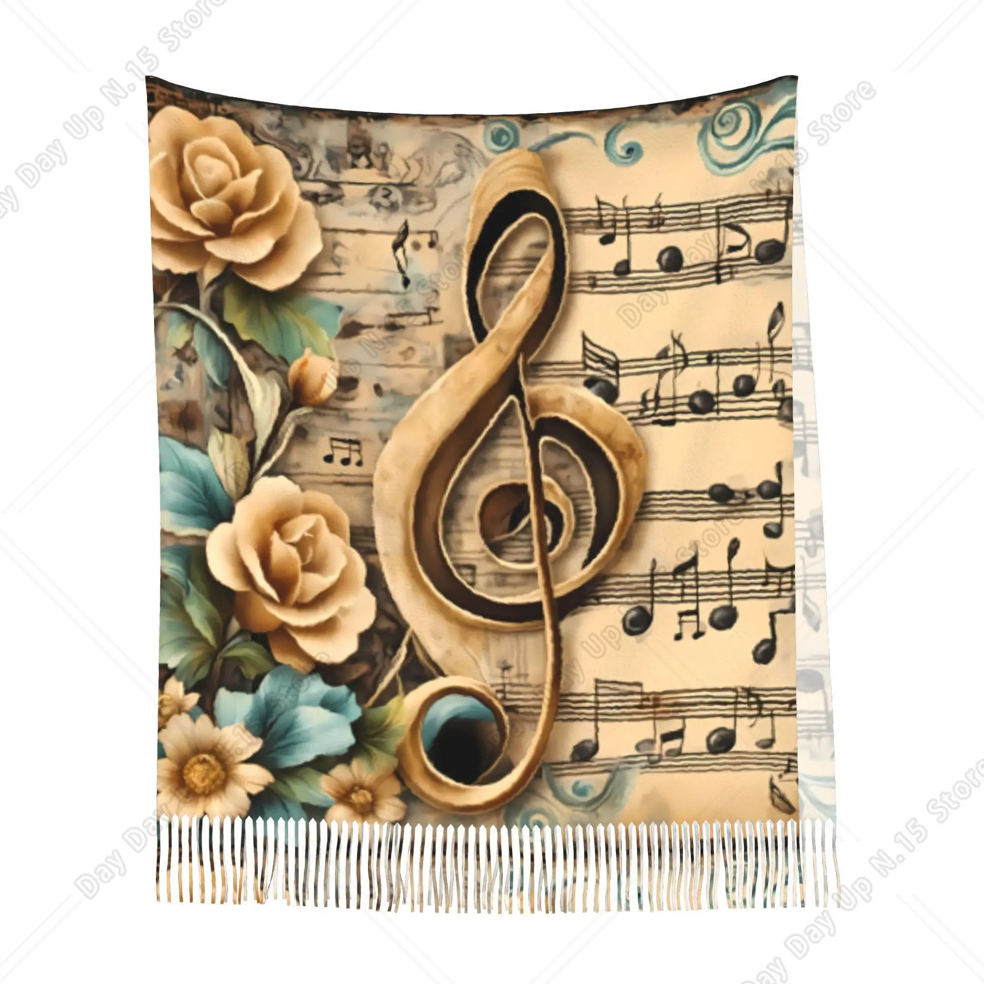 Vintage Wood Texture Treble Clef Rose Shawl Musical Note Printed Soft Long Scarf Gift for Musicians