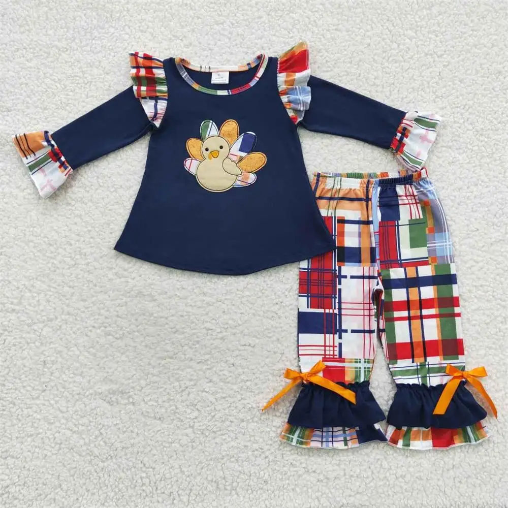 

Wholesale Toddler Cotton Tops Baby Girl Pajamas Plaid Ruffle Pants Children Thanksgiving Outfit Infant Embroidery turkey Kid Set