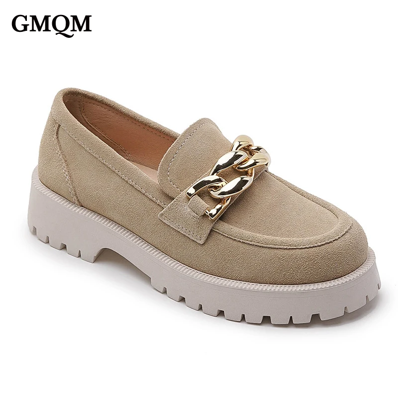 GMQM Platform Fashion Women's Loafers Shoes New 2023 Suede Leather Pumps Slip-On Metalic Decoration High Quality Walking Shoes