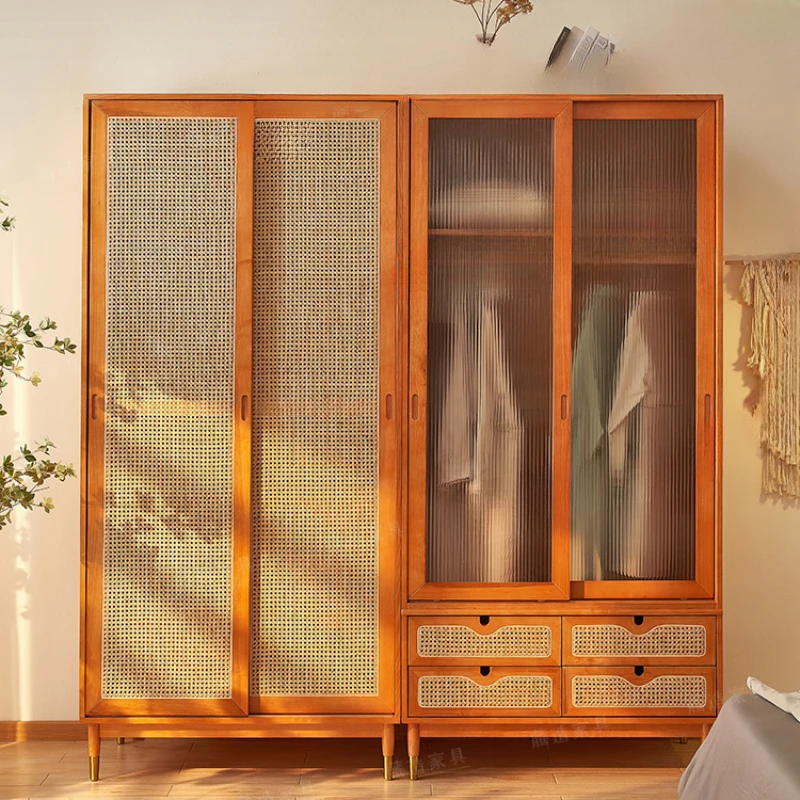 Wardrobe, bedroom, home use, retro rattan woven solid wood glass sliding door, coat cabinet, wardrobe, floor storage