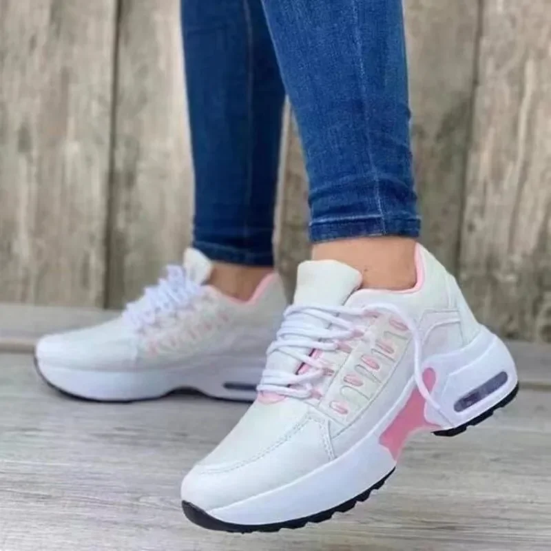 Zapatillas de deporte con plataforma de cuña para mujer, zapatos deportivos informales de talla grande, con cordones, de malla transpirable, vulcanizados, 2024