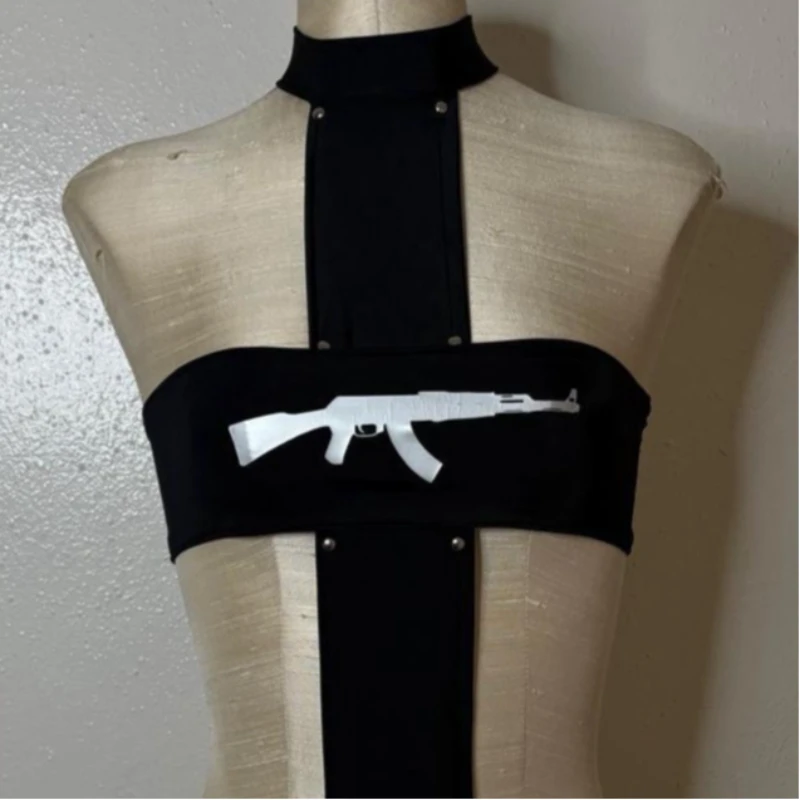 Y2K Black Gothic Cutout Crop Top Women's AK Gun Graphic Rivet Strap Backless Tube Top for Sexy Club Streetwear