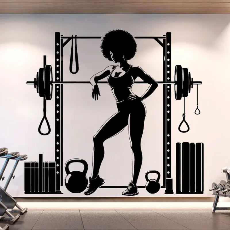 

Gym Wall Decal Afro Girl Motivation Crossfit Fitness Girl Wall Sticker Vinyl Home GYM Weightlifting Dumbbells Decor Murals Z594