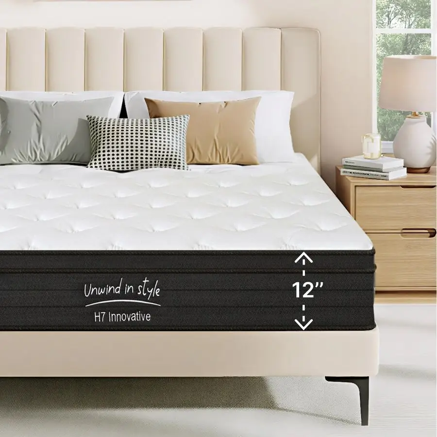 Materasso di dimensioni, materasso ibrido a molle insacchettate da 12 pollici a 5 zone con memory foam in gel per alleviare la pressione Amp Peaceful Sleep, F medio