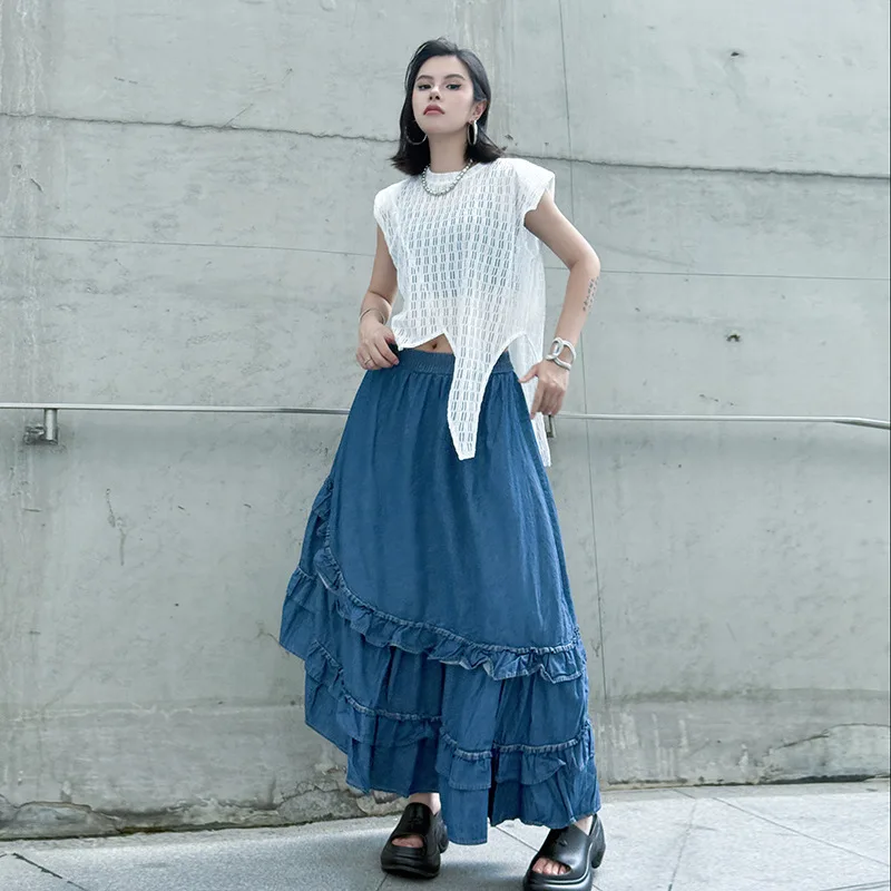 

French style skirt for women, deep blue ruffled hem high waisted denim skirt, summer new casual loose A-line skirt