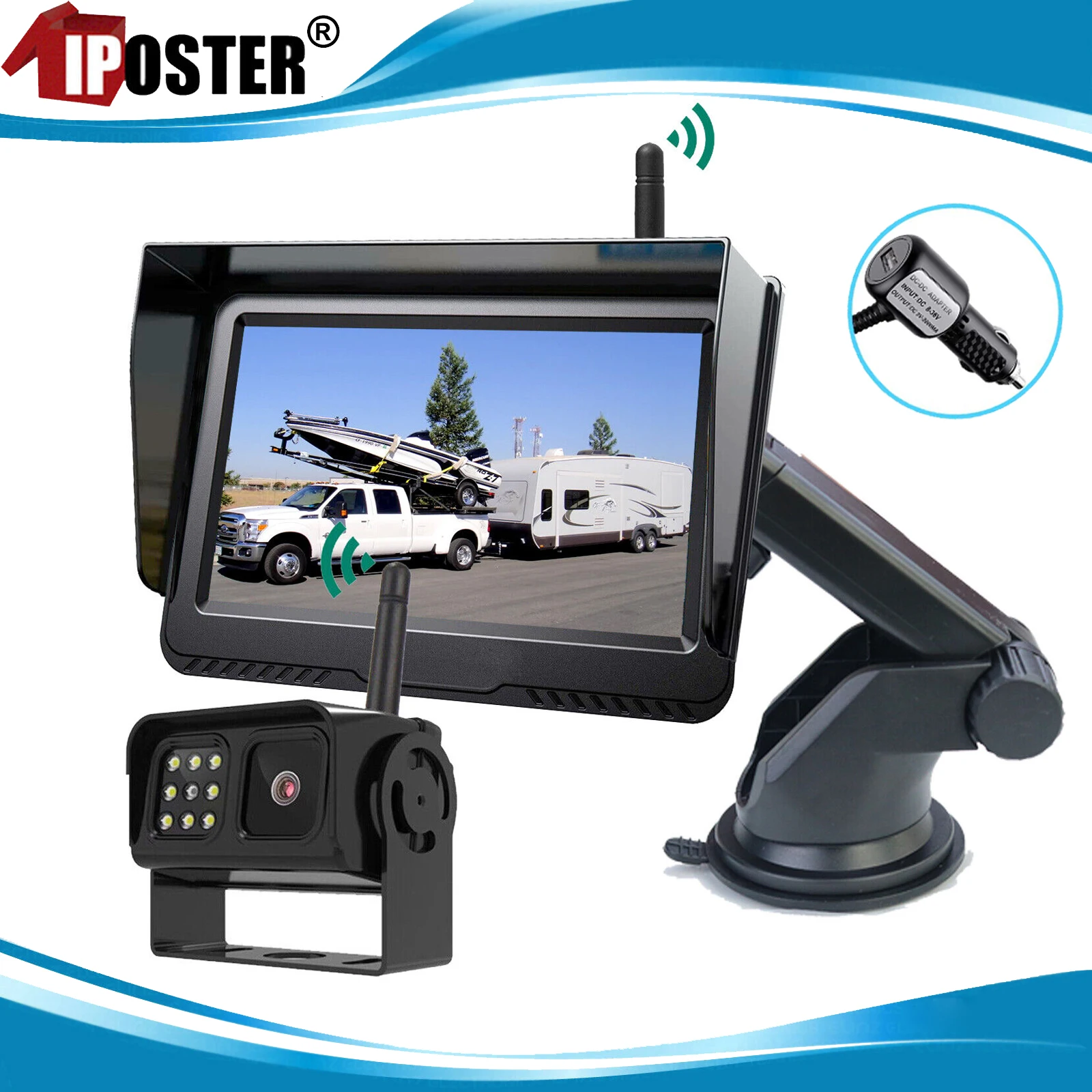 iPoster Wireless 5 Inch Car Monitor with IR Backup Reversing Camera 12-24v USB Charger 10-15m For Rv Caravan SUV Camper Van