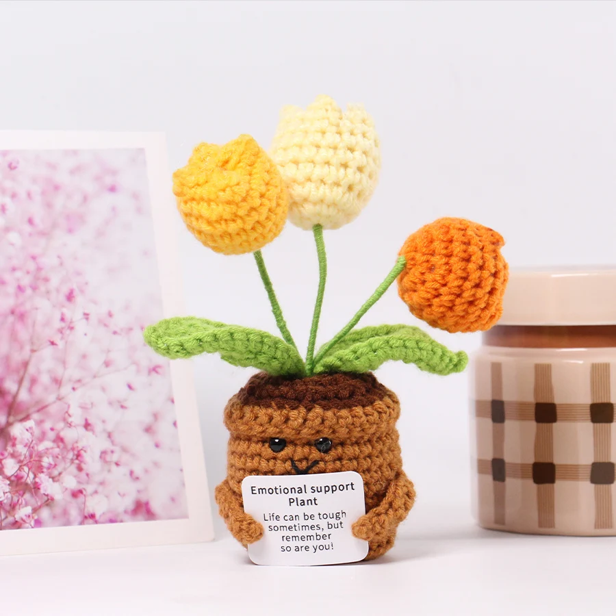 Crochet potted tabletop Words of encouragement forget-me-not