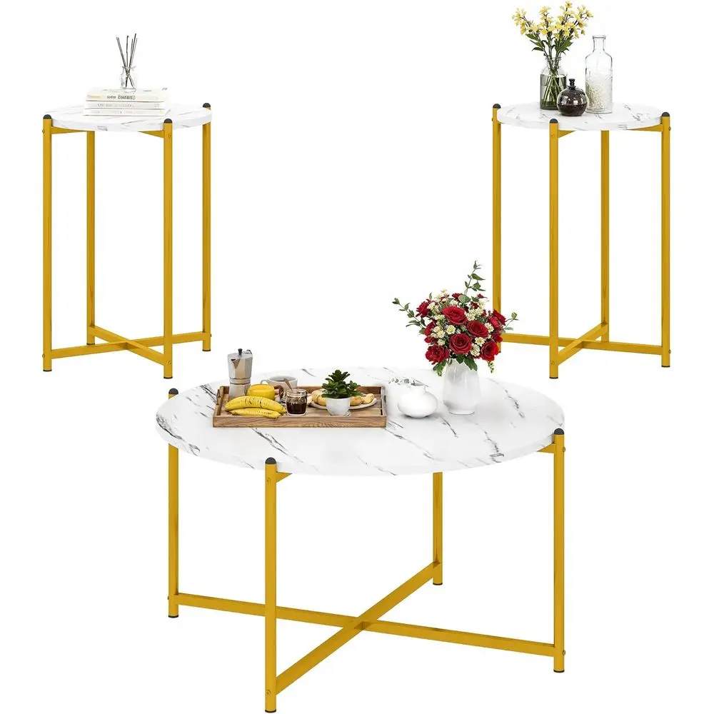 

Coee Table Set o 3, Round aux Marble Coee Table and 2 End Tables Set or Living Room, ern White and Gold Coee Tables 3-piece Set