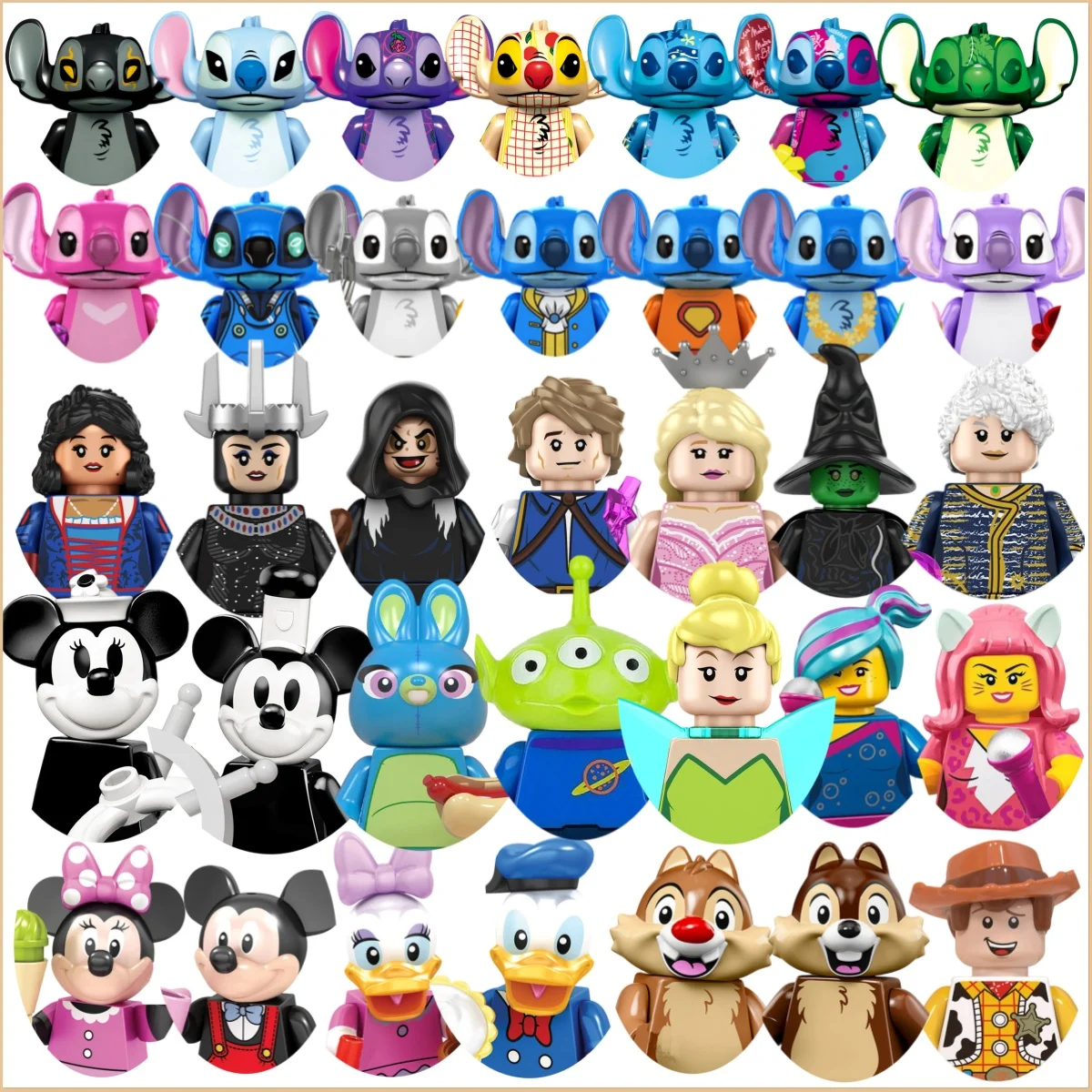 Blocos de montar MINI, brinquedo de blocos de construção com personagens de desenho animado como Branca de Neve, Mickey, Stitch, Bruxa, Nick, Leodore, Lionheart, presentes de blocos de construção.