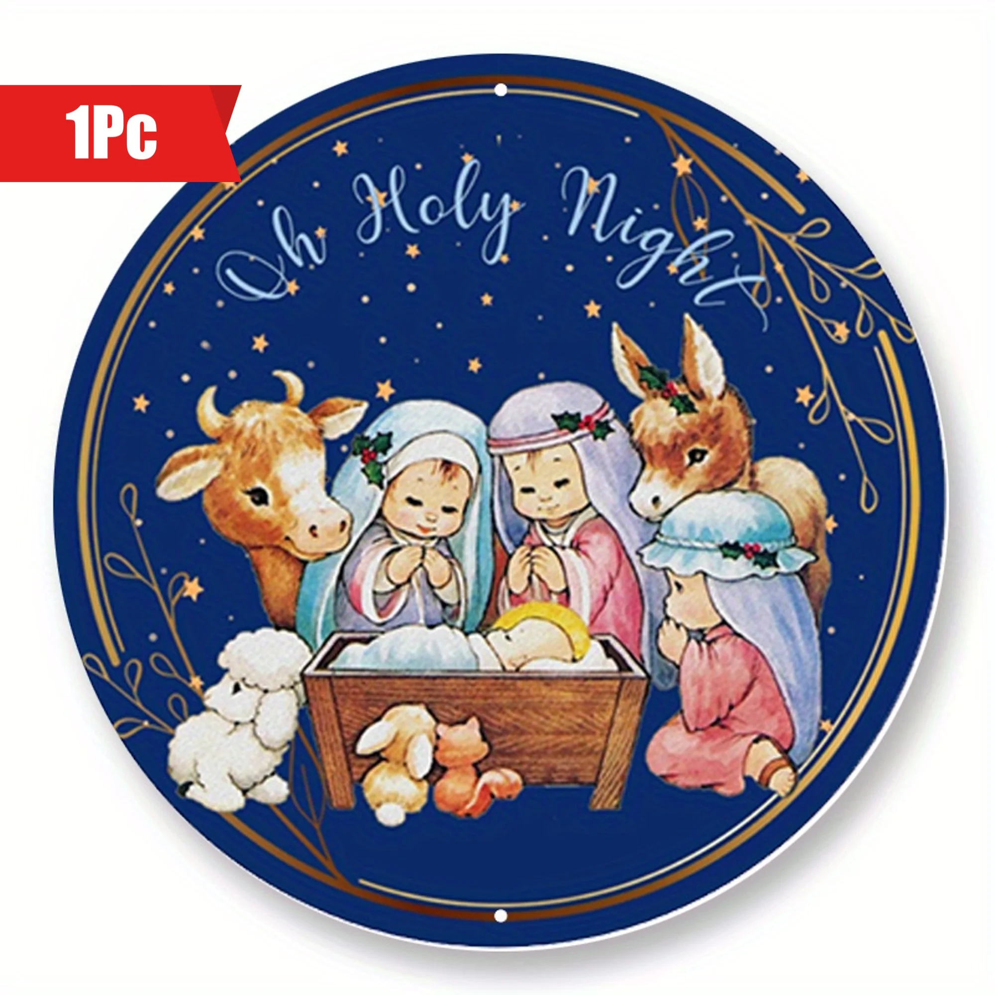 1pc Large 8x8inch Durable Aluminum Metal Sign - Beautiful Holy Night Christmas Manger Wreath Design for Home Decor