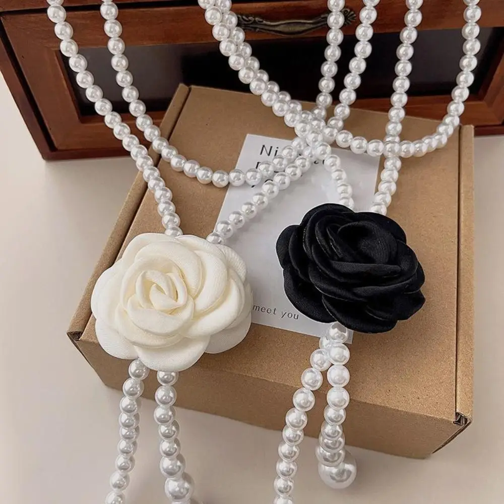 Retro Camellia Flower Pearl Waist Belts Dress Decorative Accessories Elastic Belt Elegant Pearl Waist Chain Clothing Supplies