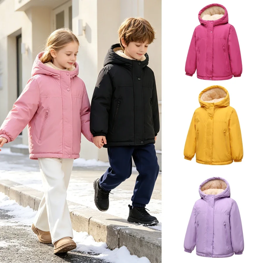 School Kids Winter Hooded Coat Sherpa Fleece Lined Thickened Padded Jacket Windproof Casual Outdoor Outerwear Boys Girls 2-14Y