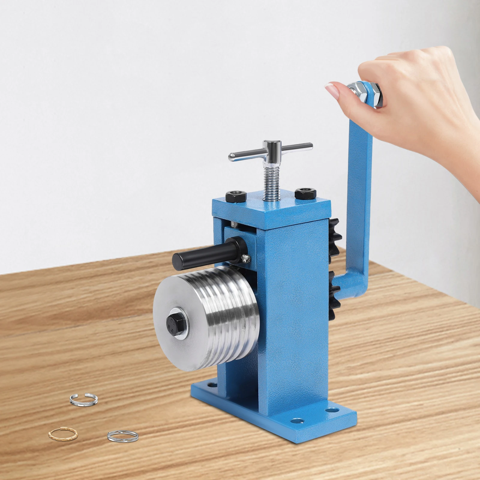 

Desktop Ring and Earring Press Bending Machine Hand-cranked Jewelry Tool with 6 Sizes of Round Slots for Making Bracelets