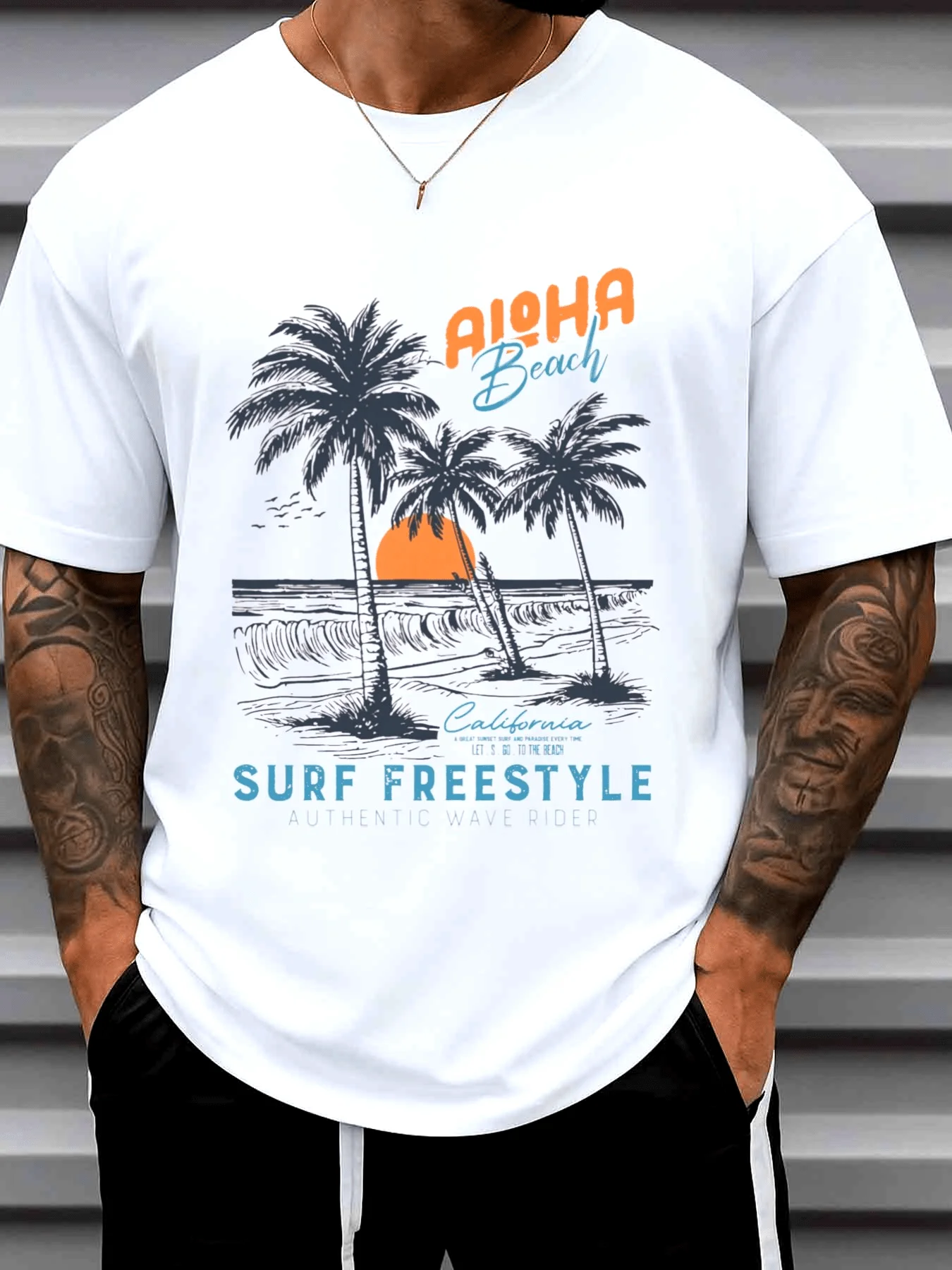 Surf Aloha Beach Graphic T-Shirt, Pure White, Round Neck, Short Sleeves, Casual Fit, Perfect for Office, Dating, Going Out, Sports, Hip-Hop Street Style, New York Y2K Style, Halloween Gift