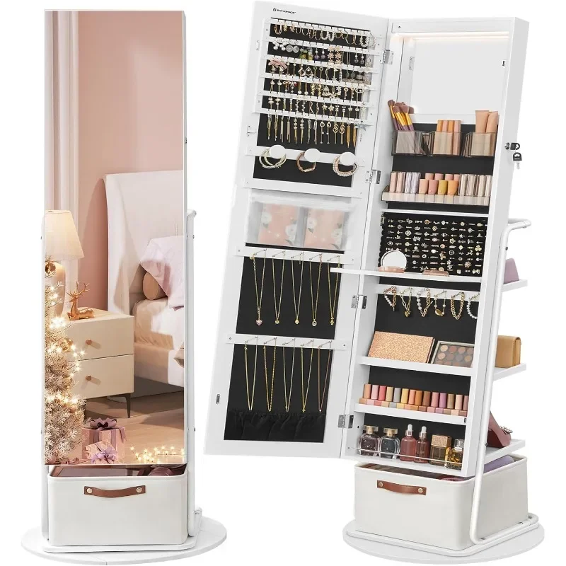 360° Swivel Mirrored Jewelry Cabinet with Lights, Full-Length Mirror with Jewelry Storage, Standing Jewelry Armoire Organizer