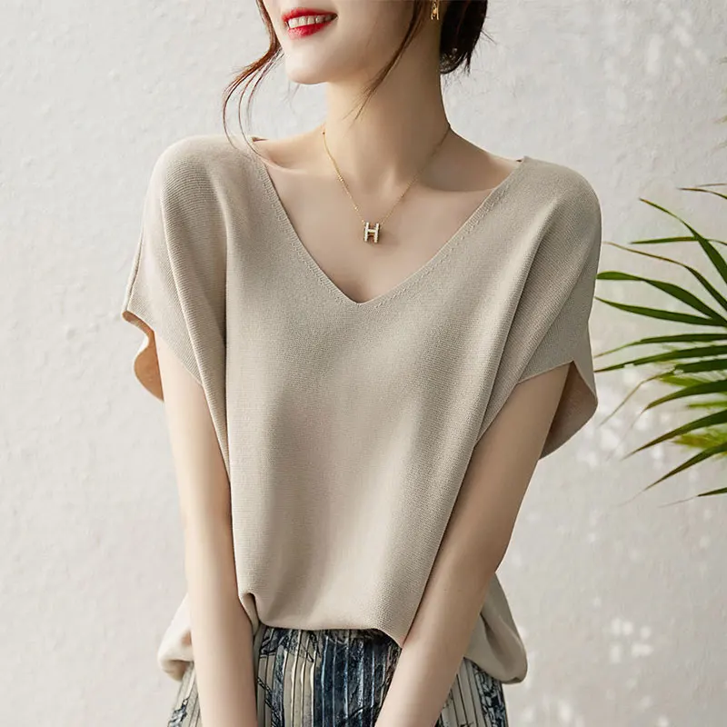 

Women's V-neck Short Sleeve Knitwear, Casual Clothes, Elegant Temperament, All-match Tops, Simplicity Trend, Summe