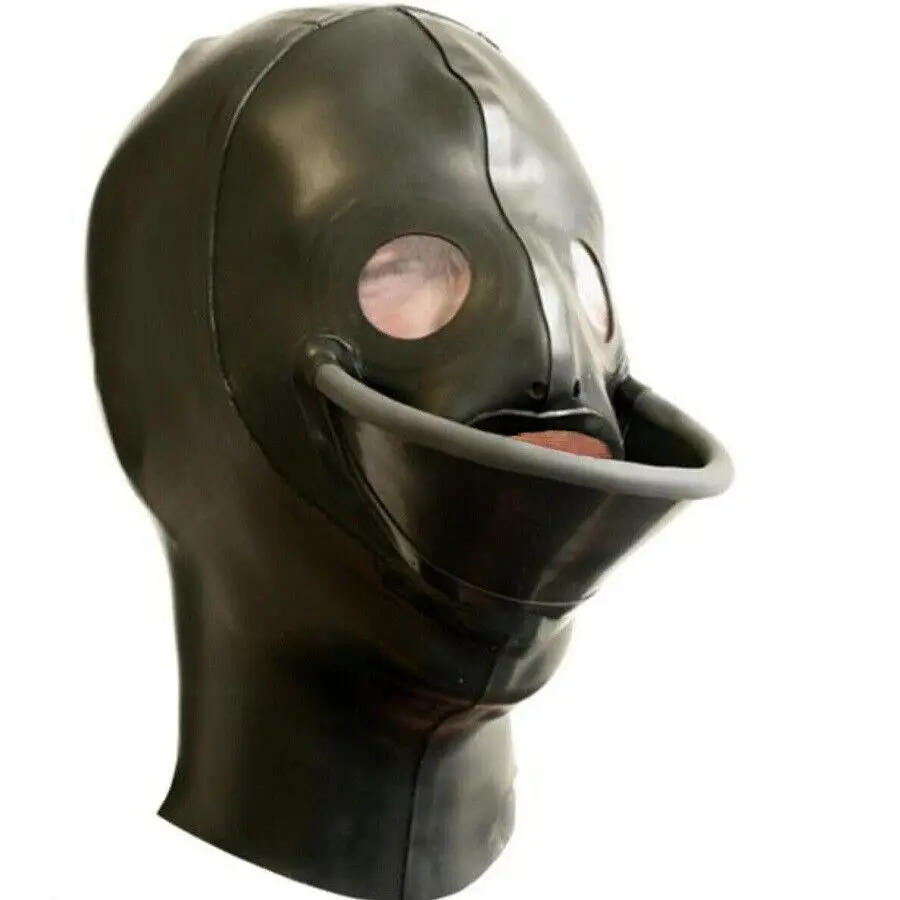 

Rubber Latex Hood Cosplay Masquerade Funnel Mouth Headgear Rear Zipper Mask