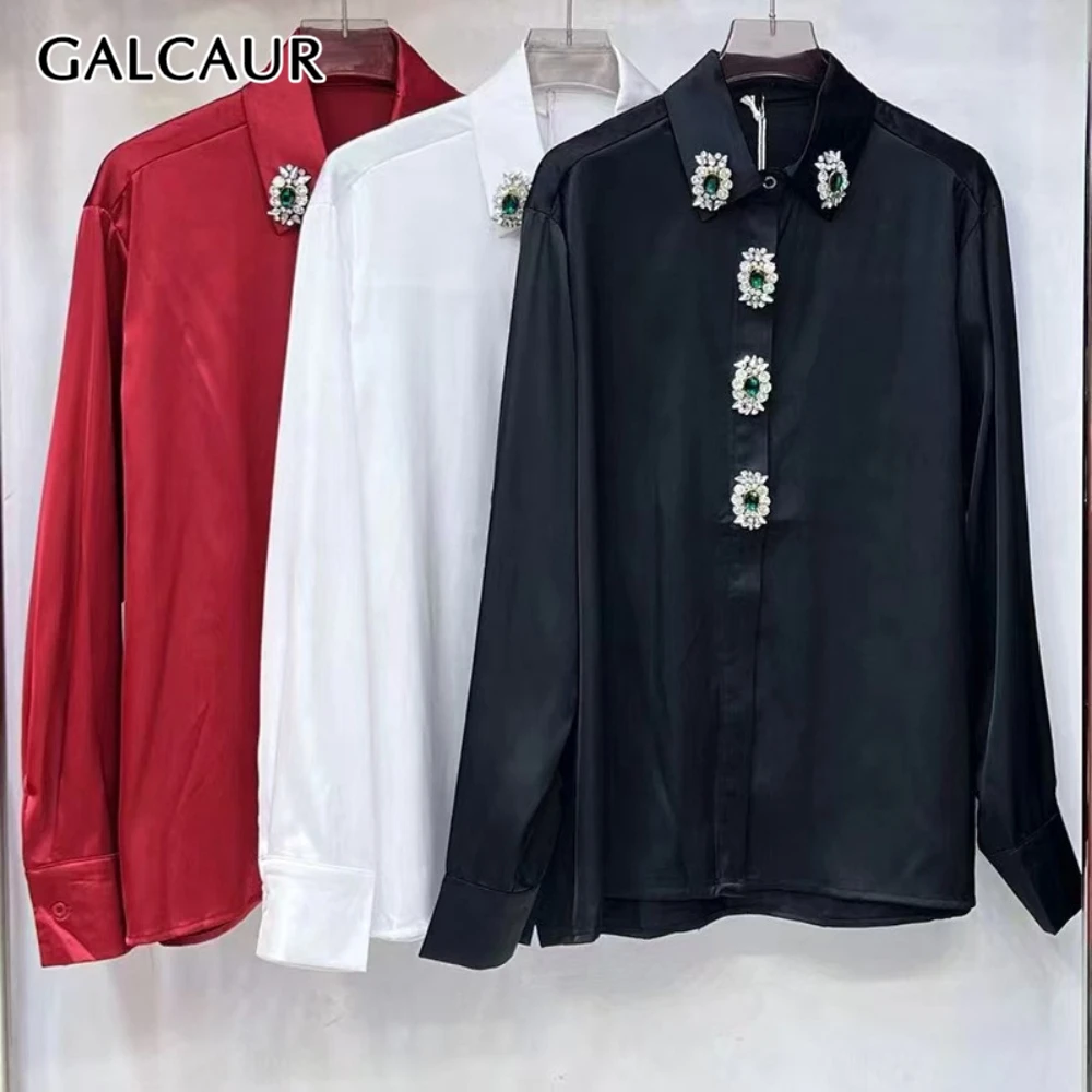 

GALCAUR Solid Spliced Buttons Chic Shirt Female Lapel Long Sleeve Loose French Design Women's Shirts Autumn Fashion New Style