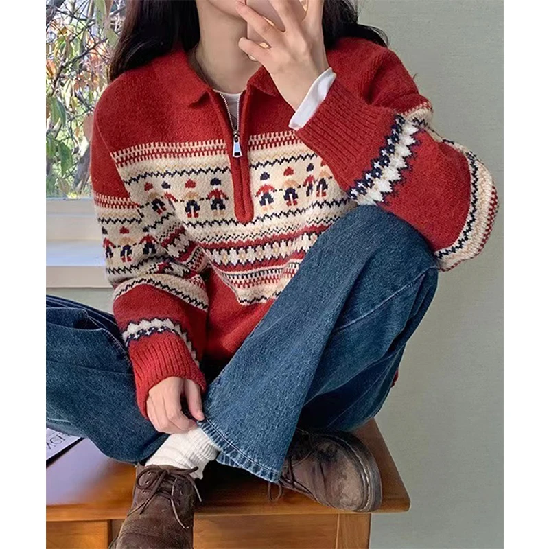 Vintage Print Sweater Women Christmas Red Knitted Pullovers Korean Half Zipper Long Sleeve Knitwear Fall Winter Casual Jumpers